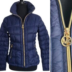 Michael Kors Packable Down Quilted Puffer Jacket PS Petite Small Navy with Gold